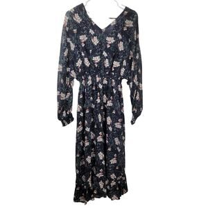 Hayden Los Angeles Women's Blue Floral Print V Neck Smock Waist Maxi Dress Sz S